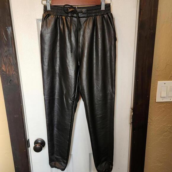 21 Saints Pants - 21 Saints Women's fleece lined faux leather joggers elastic waist black- size XS